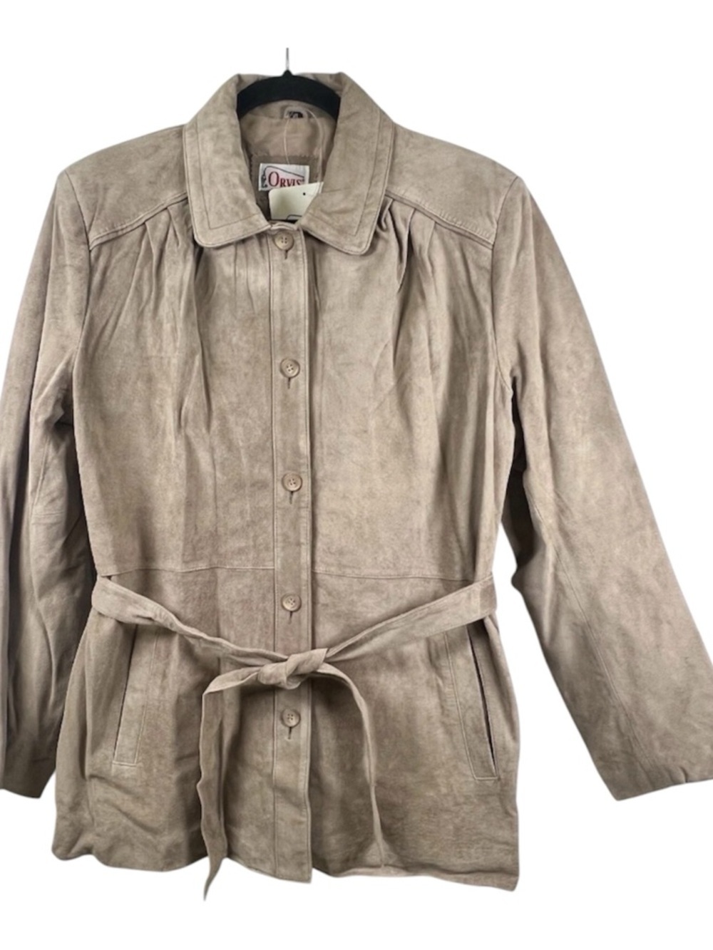 Vintage Orvis Women’s Beige Suede Leather Belted Safari Shirt Jacket Size XL